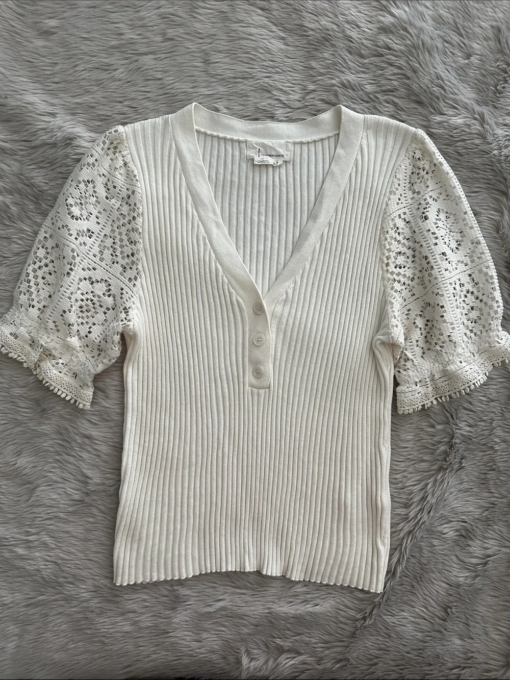by Anthropologie Ribbed Lace Puff Sleeve Blouse